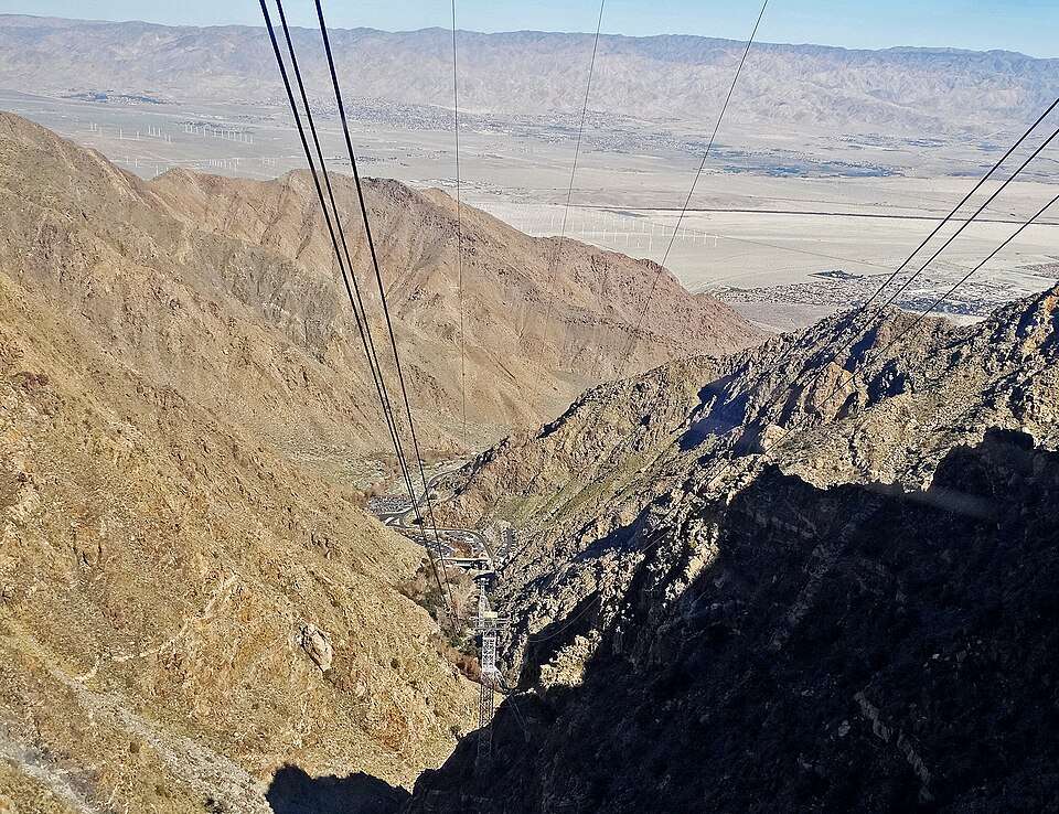The tramway plunging down Chino Canyon to the desert floor, Palm Springs