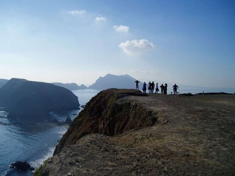 Visitors at Anacapa's Inspiration Point, looking down the islet chain of the Channel Islands