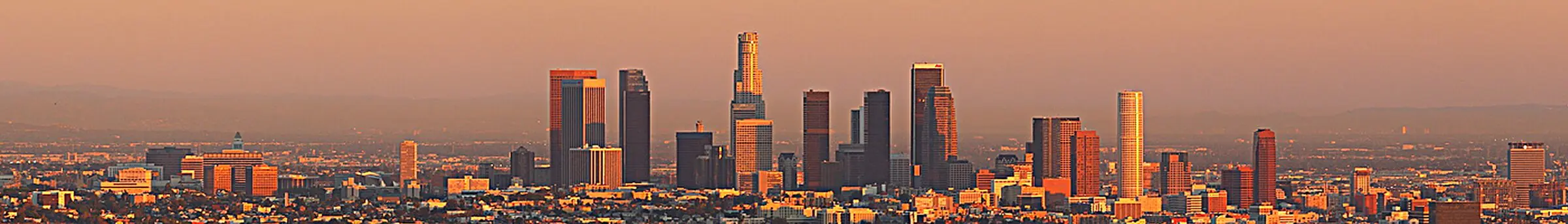 The Downtown Los Angeles skyline at sunset